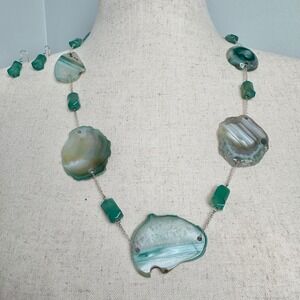 Green‎ Agate Slice Statement Necklace & Earrings Set Gemstone Jewelry